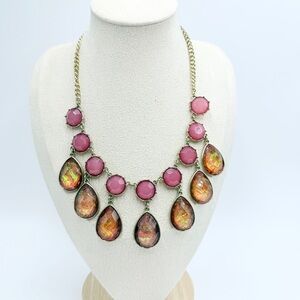 Bold Pink & Iridescent Teardrop Statement Necklace in Gold Tone